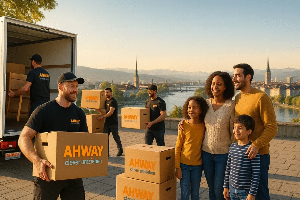 Internationaler Umzug nach Zürich mit Familie und Umzugswagen